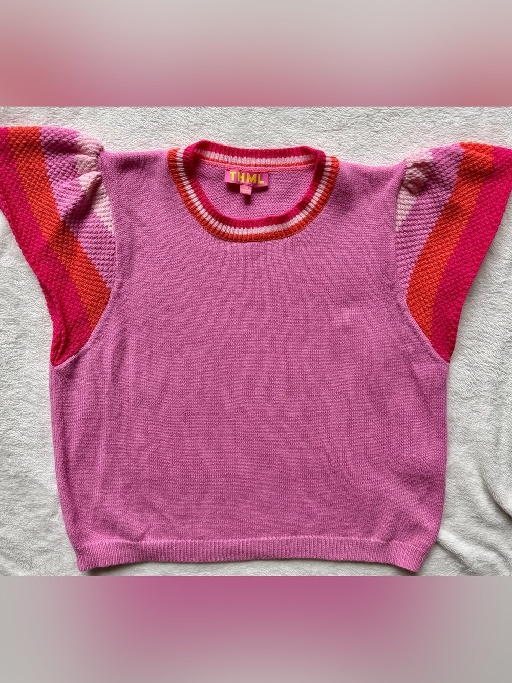 THML Pink Knit Sweater with Pink/Orange Ruffled Sleeves
